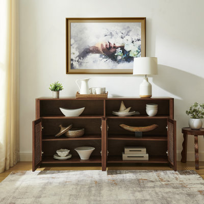 63" Rattan Sideboard Buffet Cabinet With Storage, Retro Coffee Bar Wine Bar Credenza, Large Media Console Table For Living Room/Entryway/Kitchen