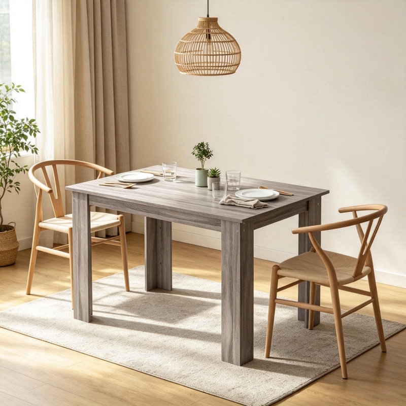 Table de salle à manger moderne en bois gris pâle, 120 cm x 69 cm, idéale pour les petits espaces en appartement.