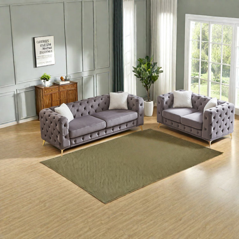 Compression Sofas Set, Grey Velvet Wood Frame, Modern Home Living Room