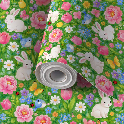 Papier peint à peler et coller avec papier peint Lapins de printemps colorés Fleurs œufs de Pâques auto-adhésifs et amovibles 17,7 po x 118 po (45 x 300 cm)