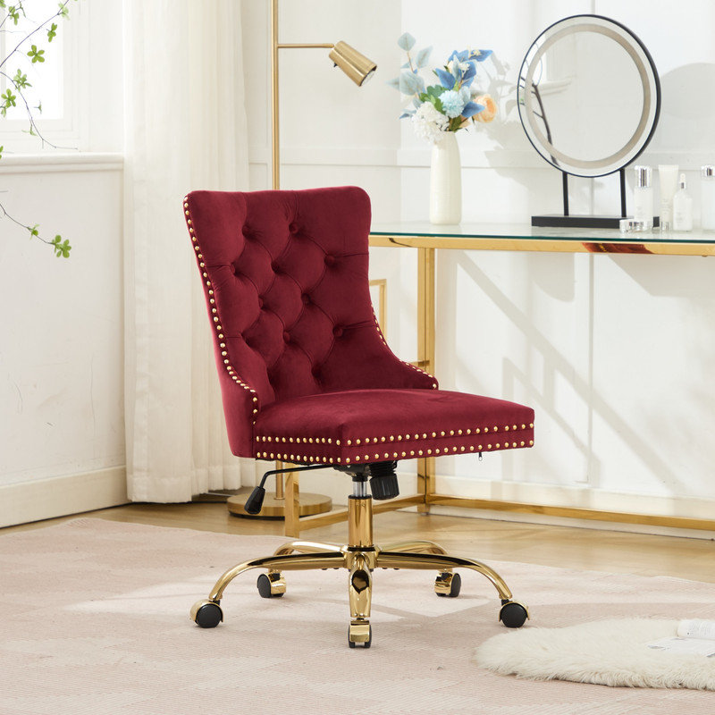 Fauteuil de bureau rotatif ajustable capitonné moderne en velours avec base en métal, Rouge