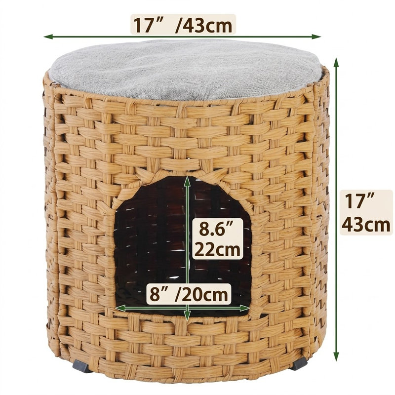 Grand rotin double tissé à la main pour chat, lit pour chat avec un coussin souple, cachette pliable pour chaton, naturel, 17 x 17 x 17 po
