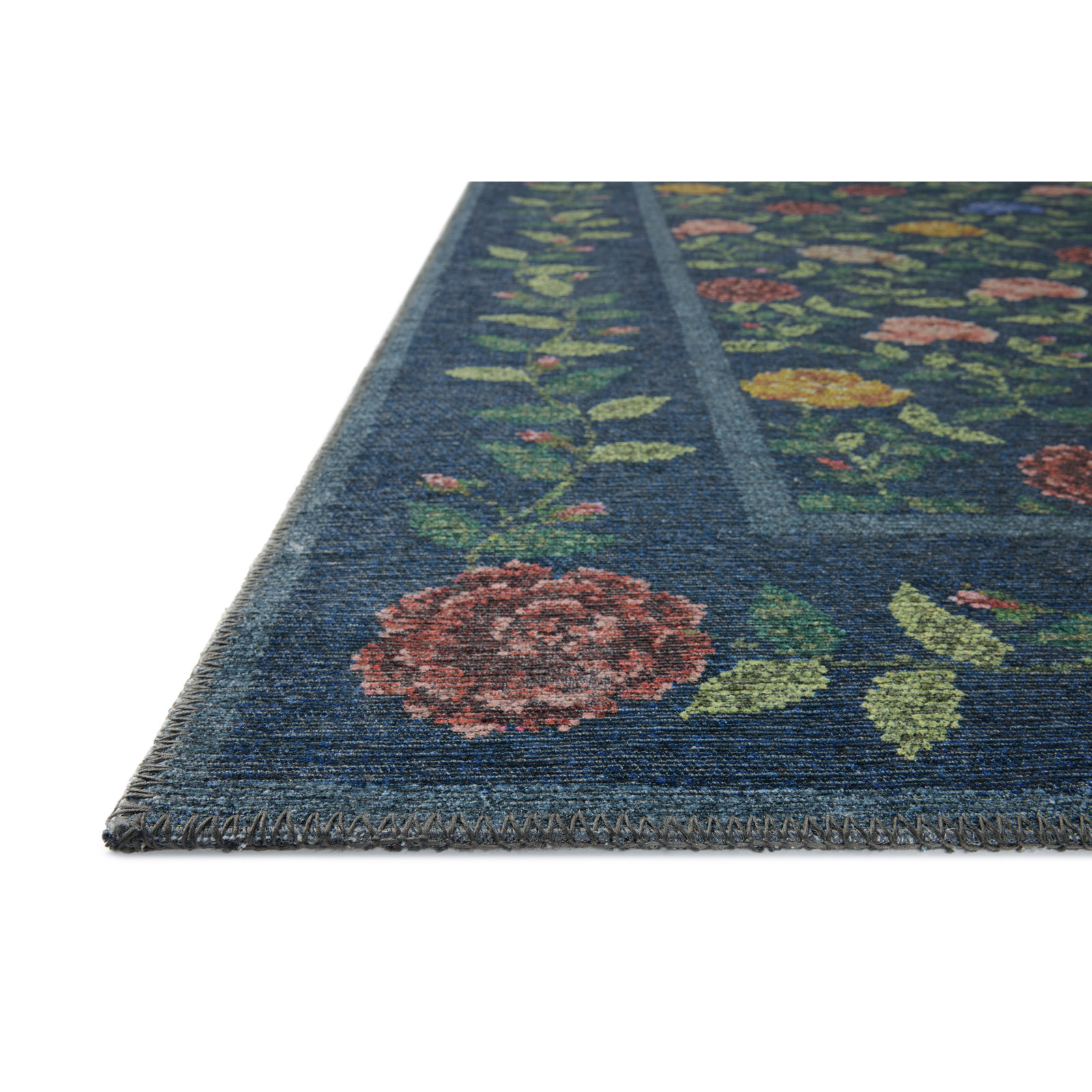 Rifle Paper Co. x Loloi Wildwood Green Floral Rug, Navy, Runner 2' x 5'
