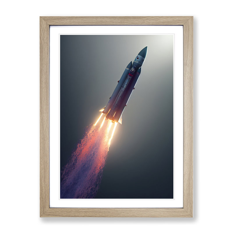 Ethereal Spaceship Rocket - Single Picture Frame Print, 34cm H x 25cm W x 2cm D, Oak