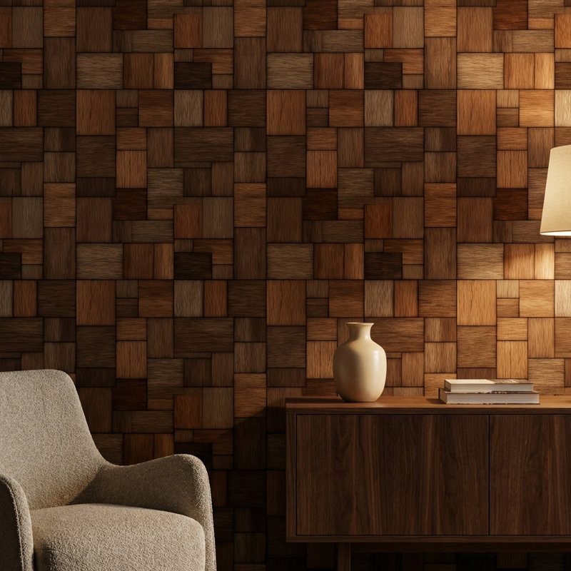 Papier peint patchwork géométrique, motif de parquet en bois foncé, Peel and Stick