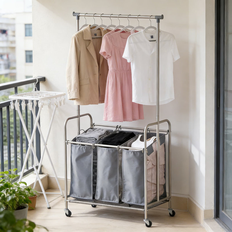 Heavy Duty 3-Basket Rolling Laundry Sorter Cart With Garment Hanging Bar And Drying Rack - Portable Metal Laundry Organizer System
