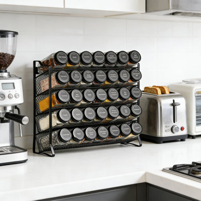 Spice Rack Organizer With 28 Glass Jars, 4-Tier Countertop & Cabinet Storage Rack, Includes Funnel & Labels For Kitchen Pantry Organization