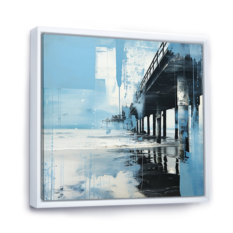 Minimalisme bleu sarcelle et jetée blanche paysage I - décoration murale nautique et plage, H 30 po x l 30 po x P 1 po