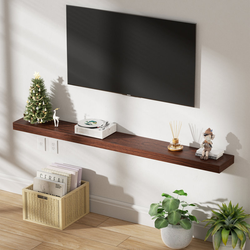Earnhardt Painted Wood Floating Shelves, Bathroom Wall Shelves 2 Inches Thick, Dark Brown Wood, 2" H x 60" W x 8" D