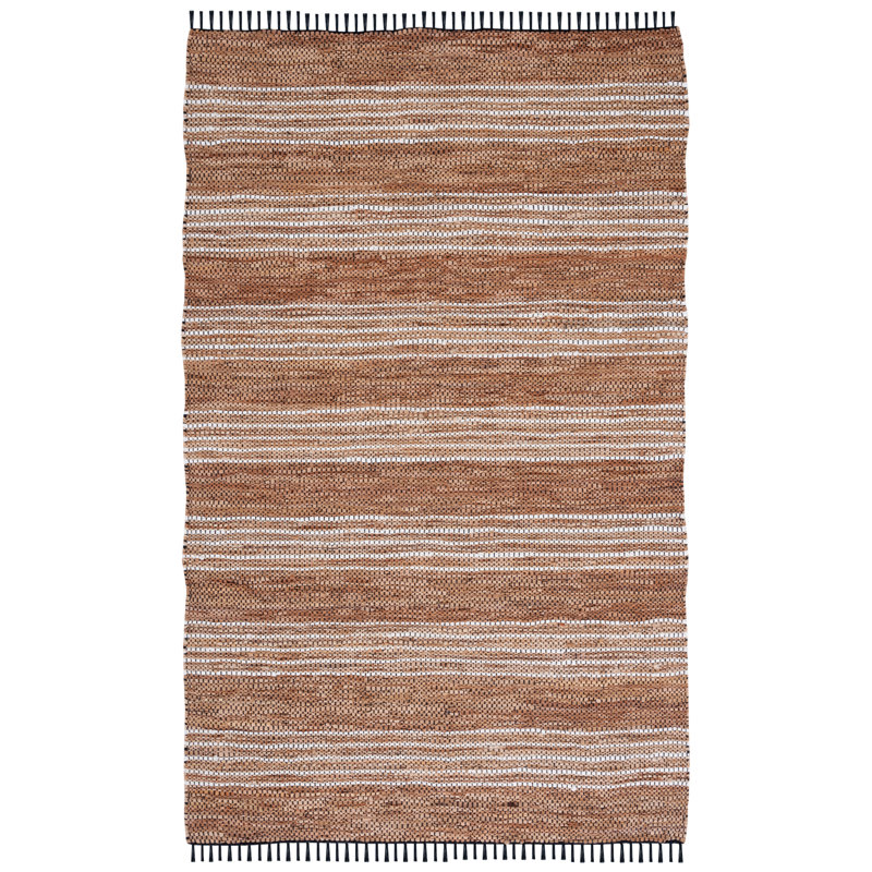Brown and Natural Flatweave Striped Cotton Leather Rug