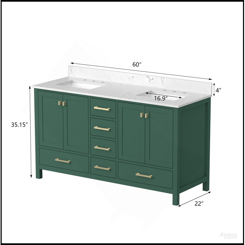 Meuble-lavabo 60 po, meuble-lavabo avec cadre en bois massif, comptoir autoportant avec double cuve vert, Green