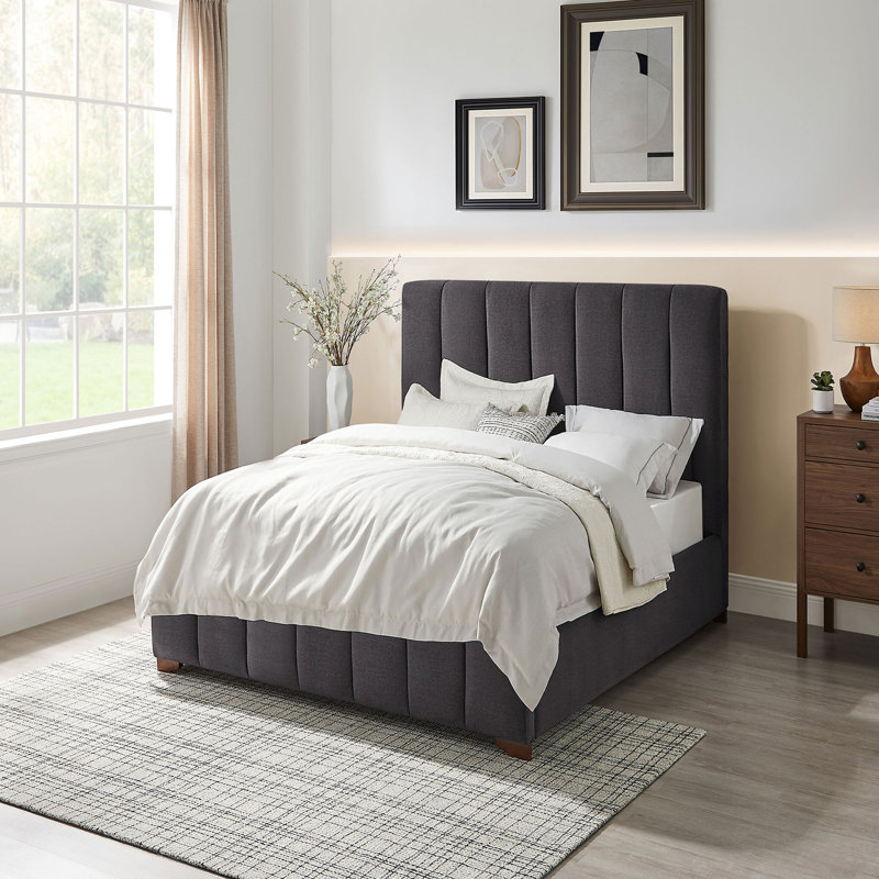 Base de lit plateforme moderne tapissier avec tête de lit, Simple, Gris foncé