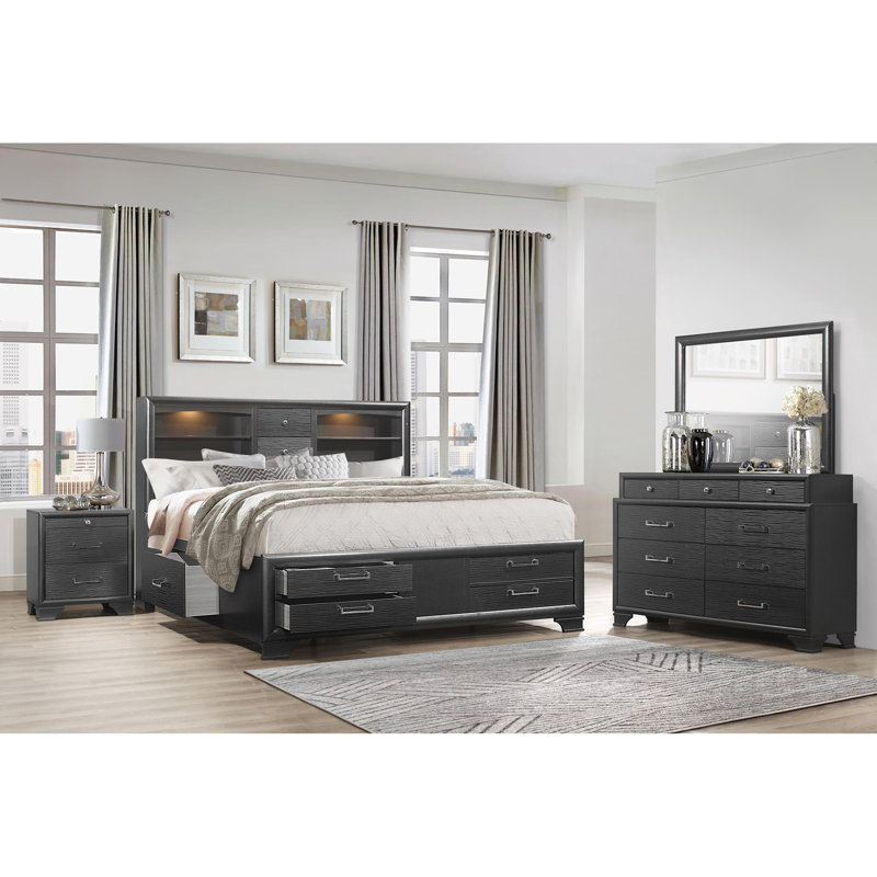 Ensemble de lit double avec rangement civique gris 5 pièces