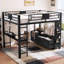 Grand lit mezzanine en métal avec bureau et tablettes, panneau perforé de rangement et panier à linge, noir compact