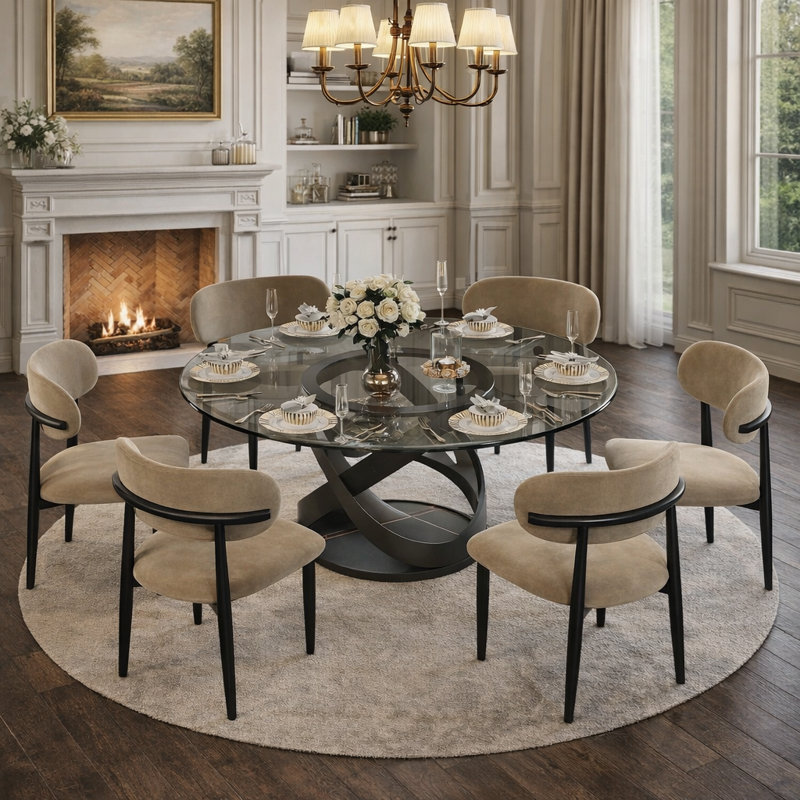  Table de salle à manger moderne pour 4-6 personnes avec plateau en verre trempé, base en acier au carbone pré-assemblée
