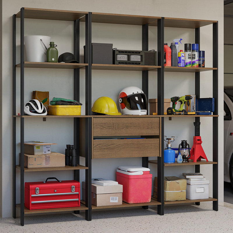 Madesa Garage Storage Rack with 2 Drawers and Open Shelves 74"L Multiuse Modular Organization Cabinet for Tools - Black/Brown