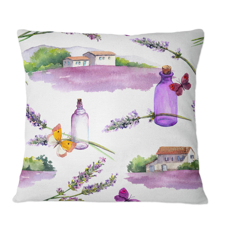 Fleurs lavande avec bouteilles d'huile de parfum - Coussin décoratif imprimé campagne, 18 po x 18 po