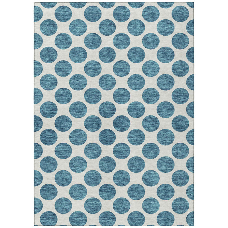 Tapis intérieur / extérieur 3 pi x 5 pi bleu sarcelle et ivoire lavable à pois