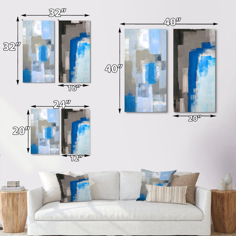 «Blue Meets Gray Abstract Art IV», ensemble de 2 peintures sur toiles, Toile tendue, H 20 po x l 24 po x P 1 po