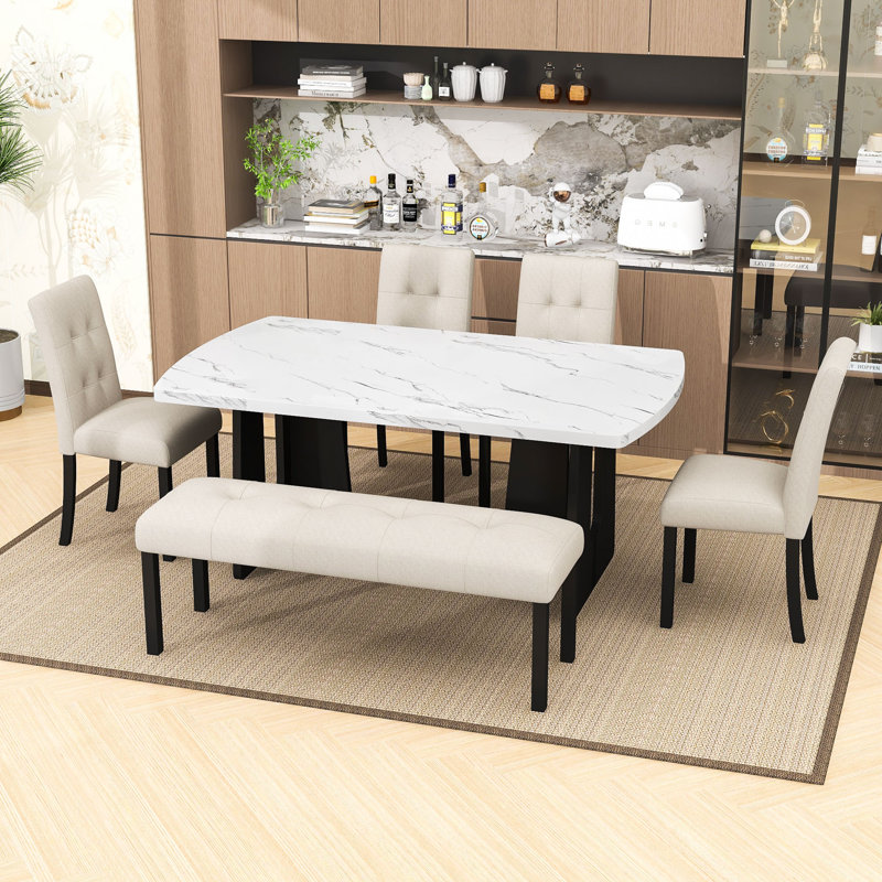 Ensemble de table de salle à manger 6 pièces avec table en faux marbre, 4 chaises rembourrées et banc, Beige, Blanc