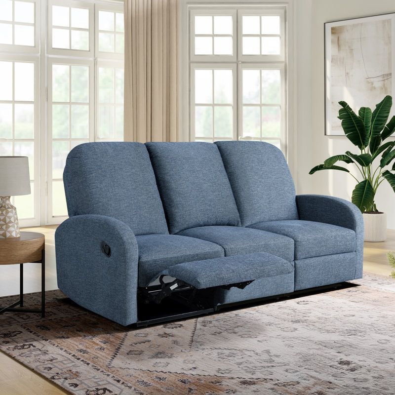 Hallstead 79.6" Wide Manual Reclining Sofa with Drop-Down Cup Holders and USB A/C Charging Ports, Woven Fabric, Blue