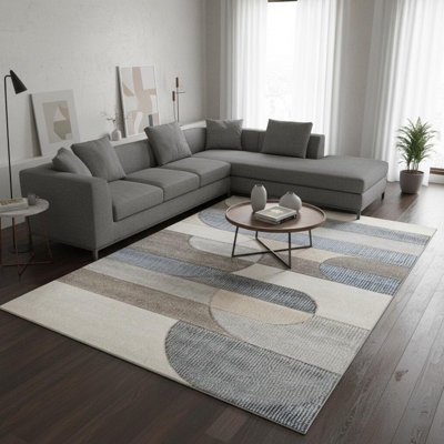 8' X 11' Blue Cream And Brown Geometric Area Rug