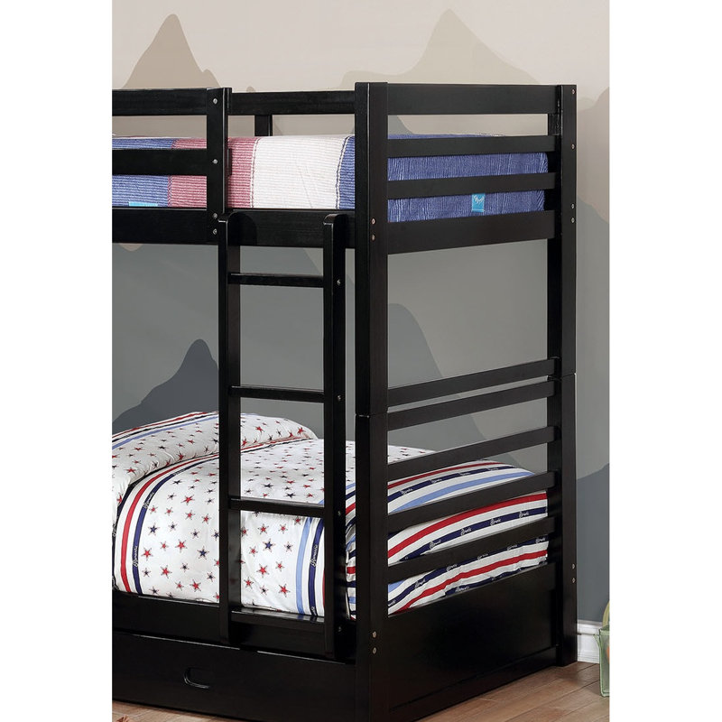 Lit simple superposé en bois massif noir de style transitionnel avec deux tiroirs et 10 pièces Lattes pour la chambre à coucher avec tiroirs,