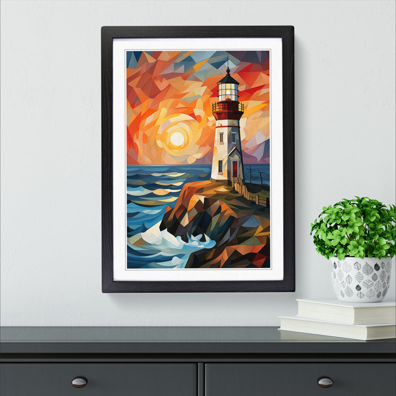 Lighthouse Cubism No.2 - Single Picture Frame Print on Wood, 64cm H x 46cm W x 2cm D, Black