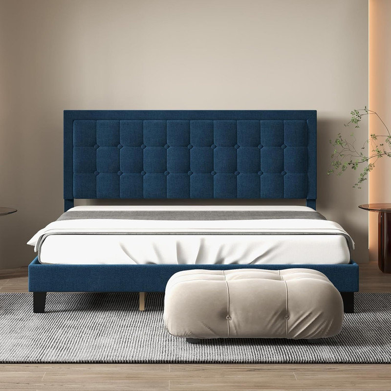 Structure de lit plateforme en lin très grand bleu - support de lattes en bois, tête de lit réglable, silencieux, aucun sommier tapissier requis