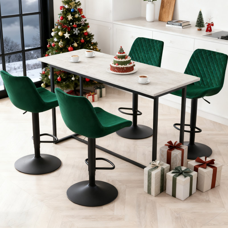 Apoch Waffle Velvet Height Adjustable Bar Stool 360 Swivel with Footrest Counter Stool, Green