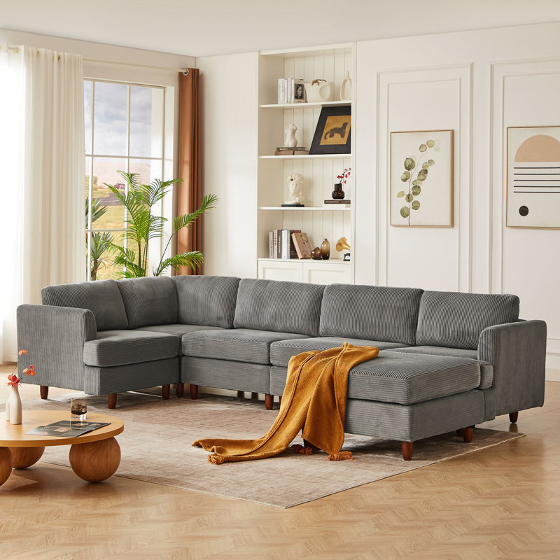 Canapé modulaire moderne, canapé convertible 6 places, Velours côtelé gris