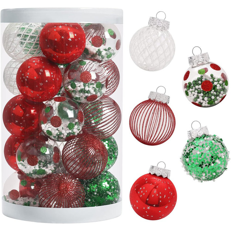 Ensemble de 25 décorations de Noël 25 pi - 2,36 po / 6 cm, transparentes et incassables, décorations de boules rouges / vertes / blanches assorties pour la décoration intérieure de maison de vacances et d'arbre de Noël