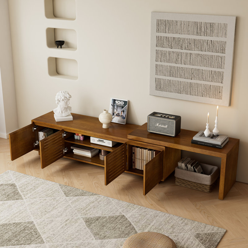 63" Mid-Century Modern Extendable TV Stand For Tvs Up To 75", Media Console TV Cabinet For Living Room Bedroom, Farmhouse Entertainment Cabinet With Storage & Adjustable Panel