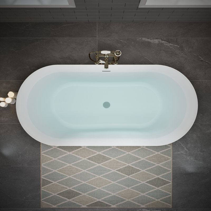 Baignoire autoportante en acrylique de 63 po x 29,53 po, baignoire profonde ovale avec bonde escamotable centrale et trop-plein intégré pour spa de salle de bain, blanc brillant