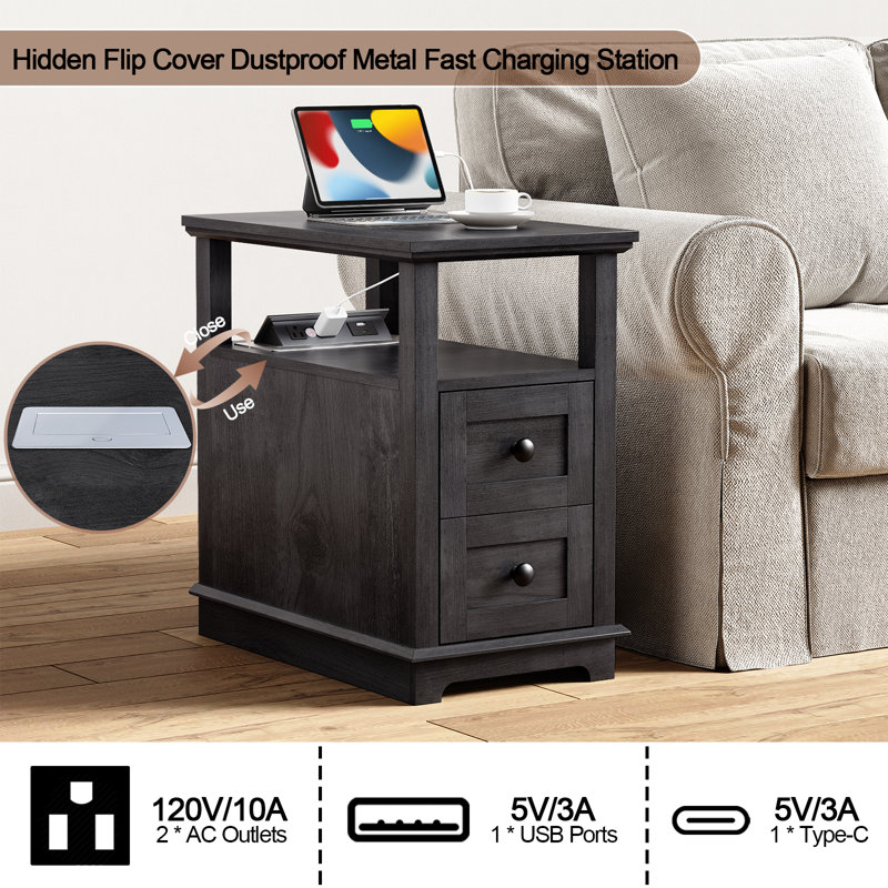 Ayame 2 - Drawer End Table With Storage and Fast Charging Station, Black