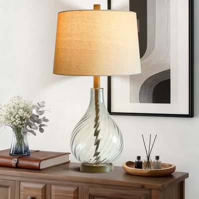 28in Clear Spiral Glass Industrial Table Lamp, Bedside Lamp With Linen Lampshade