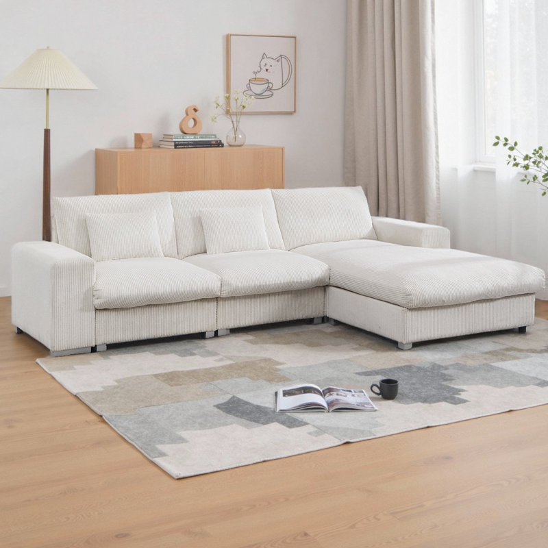 Canapé modulaire en L en flanelle Nordic Minimalist, structure en bois de salon, canapé 3 places, Blanc