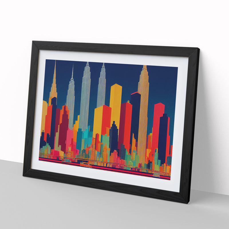 New York Skyline Retro Abstract - Single Picture Frame Print, Black, 46cm H x 64cm W