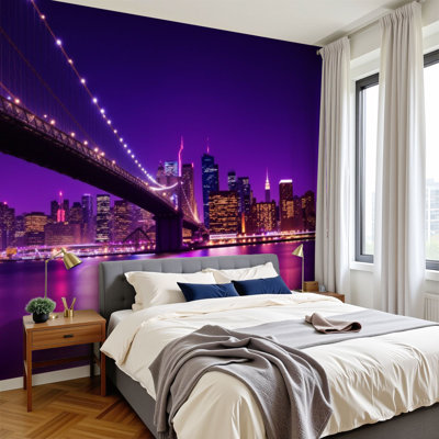Peel and Stick Wallpaper Brooklyn Bridge Night Illuminated City Skyline Buildings Cityscape Wall Murals 100"H x 144"W Removable PVC Wall Paper Self-Adhesive Wall Decor for Bedroom Living Room Home Office