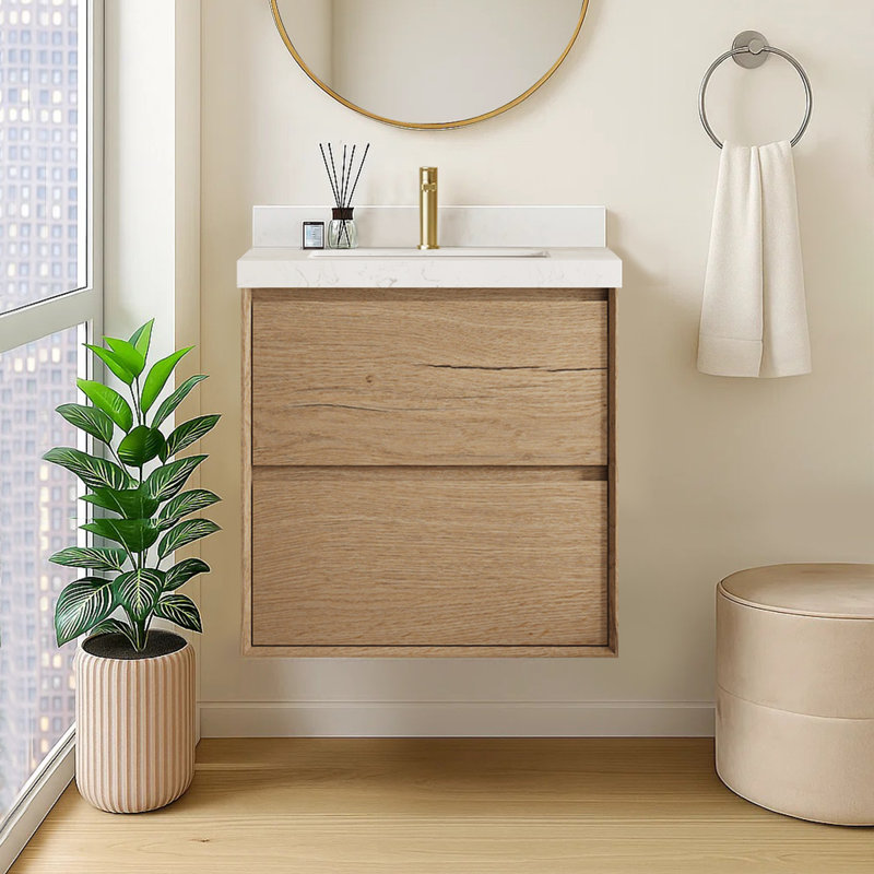 Wall-mounted Single Bathroom Vanity With Carrara White Engineered Stone Top And Ceramic Sink, 24"