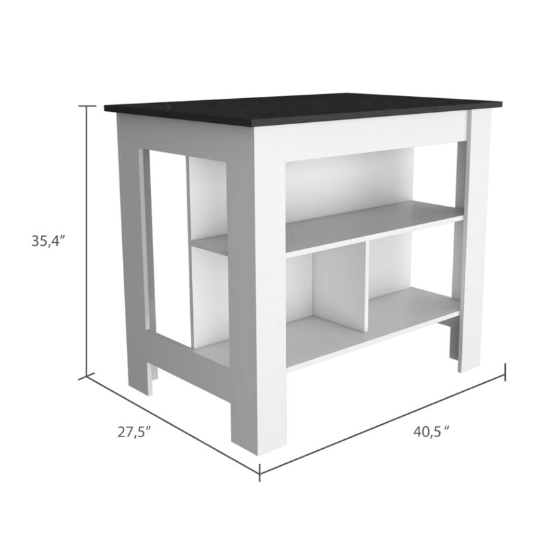 2 cuisines. Îlot avec grand plateau et tablettes intérieures. Deux armoires blanches avec rangement pour garde-manger Pantry