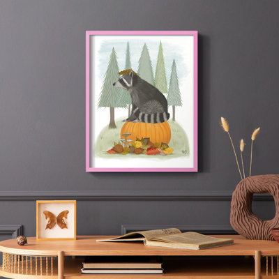 «Raccoon On Pumpkin», reproduction encadrée - bois massif