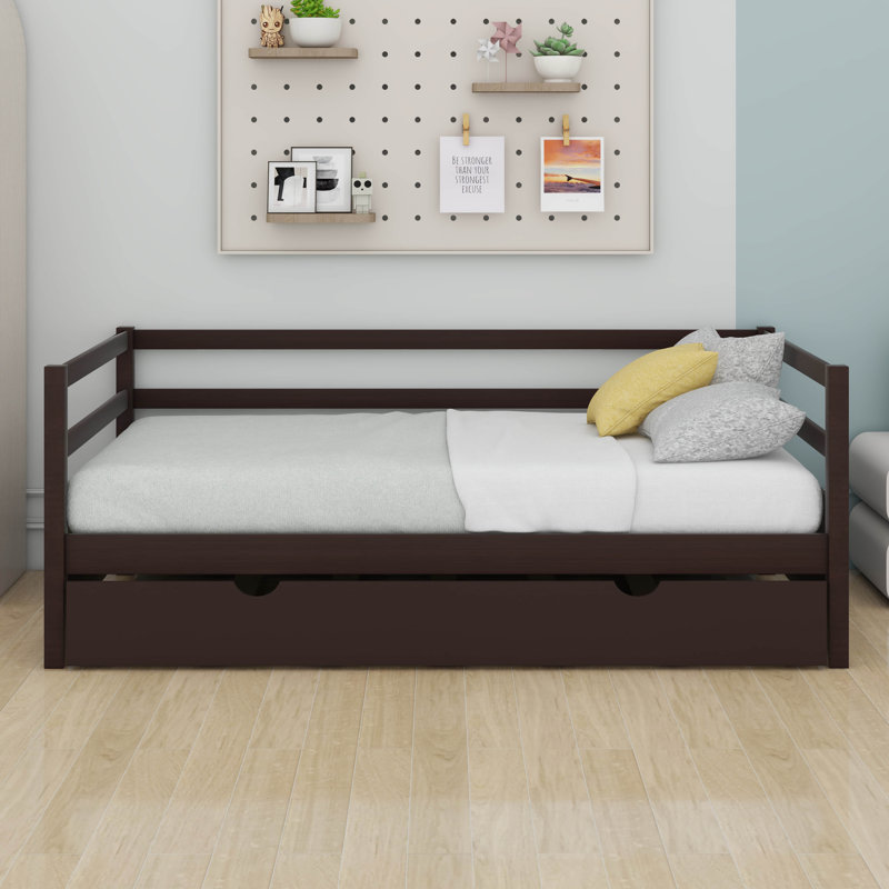Lit de jour simple avec couchette - Structure et tête de lit en bois de pin, Espresso