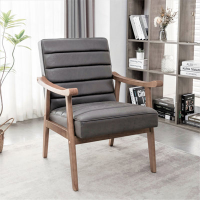 Fauteuil d'appoint de style Mid-Century moderne, fauteuil en microfibre d'aspect cuir avec structure en bois massif avec accoudoirs à structure ouverte, siège et coussin de dossier rembourrés pour le salon