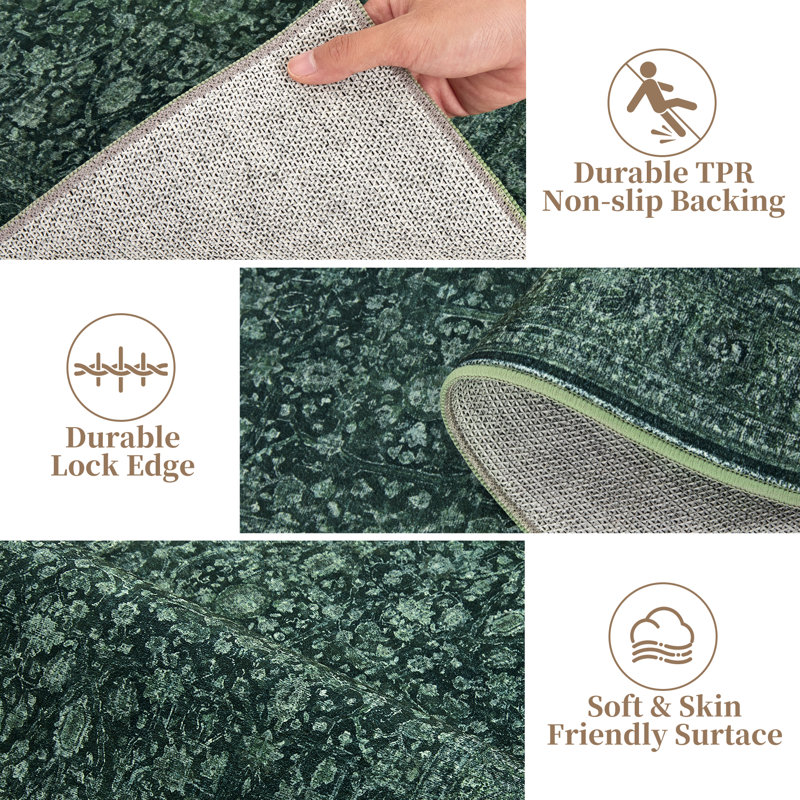 Tapis bohème floral rétro lavables, Rectangle 5' x 7', Green