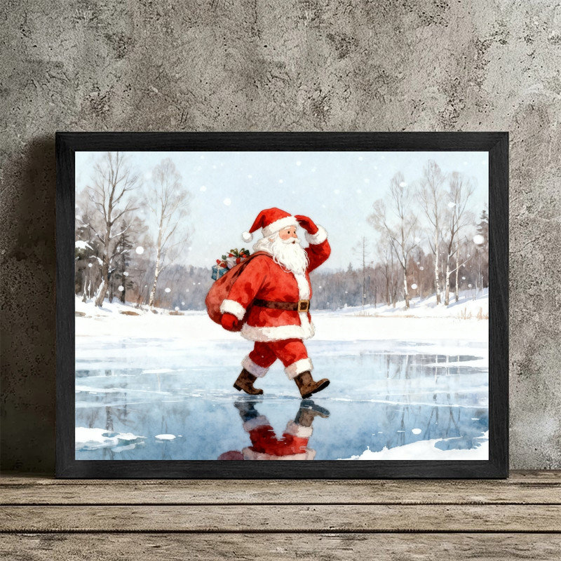 Cadre noir, aquarelle, père Noël, promenade d'hiver, art mural, impression de cadre festif serein, H 9 po x l 11 po
