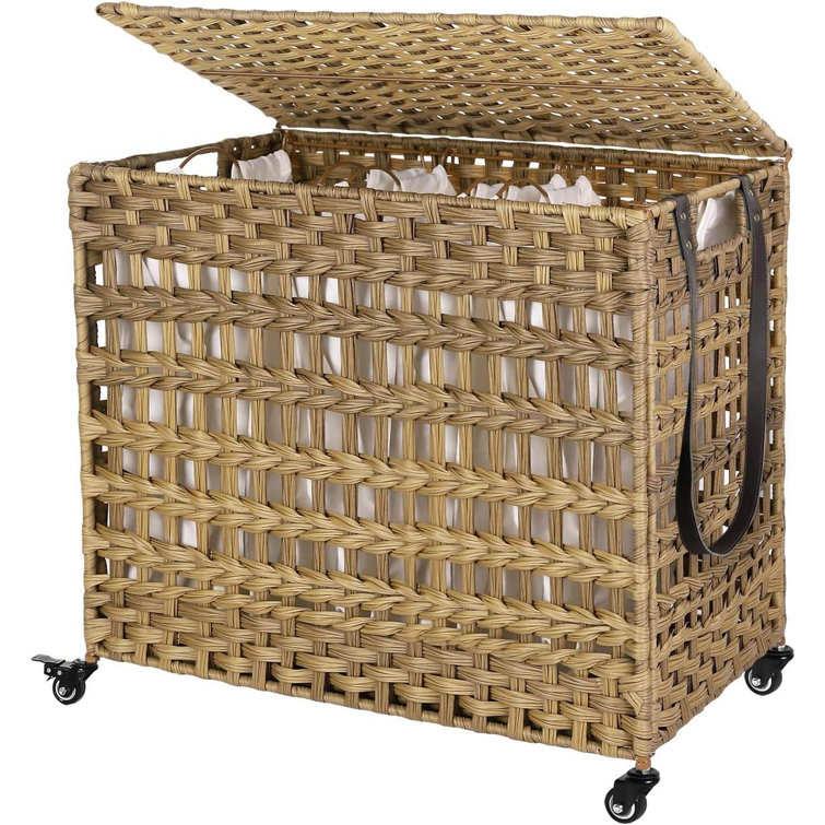 Rolling Wicker Laundry Basket and Hamper with Cotton Liner and Stand