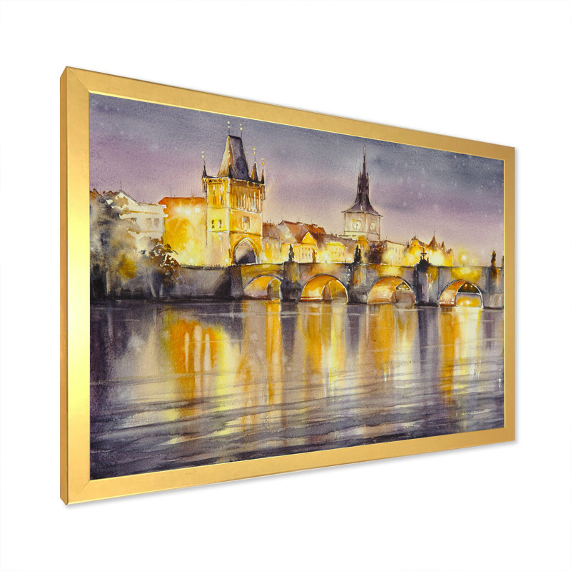 Charles Bridge In Night Lights - reproduction d'art sur toile, H 24 po x l 36 po x P 1 po, Cadre doré