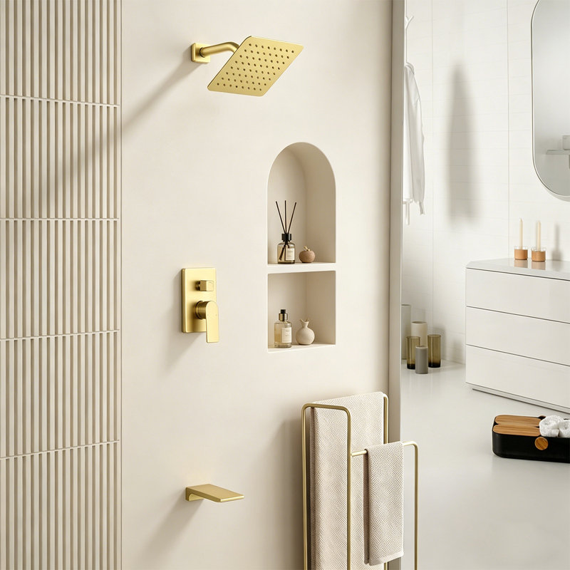 Shower System With Pressure Balance Valve, 8-inch Rainfall Shower Head & Waterfall Tub Spout, Brushed Gold