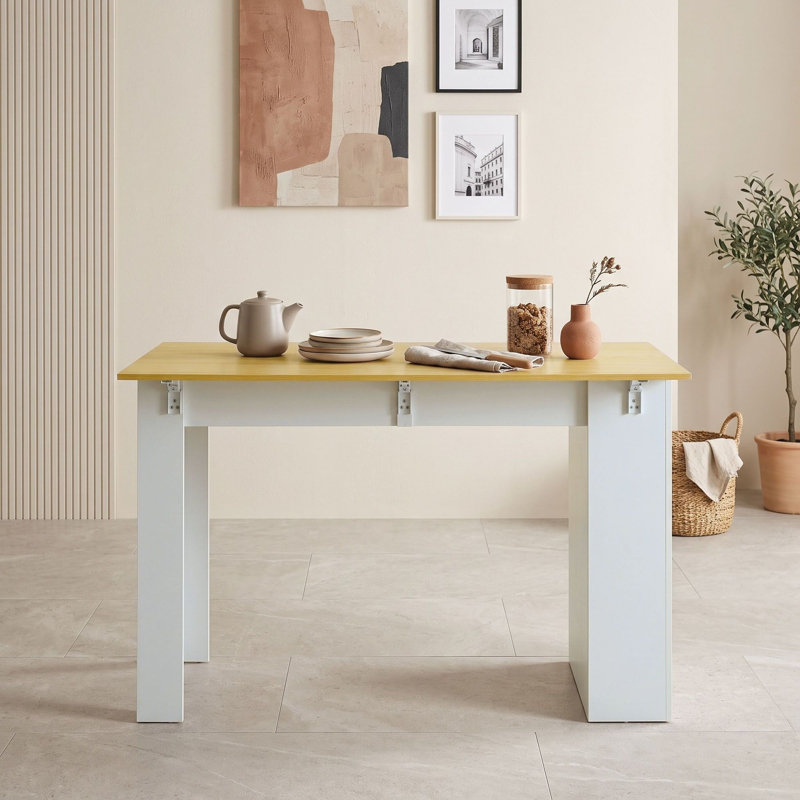 Buffet 3 en 1 avec table de salle à manger pliable et tablettes réglables, crochets latéraux, Blanc / naturel